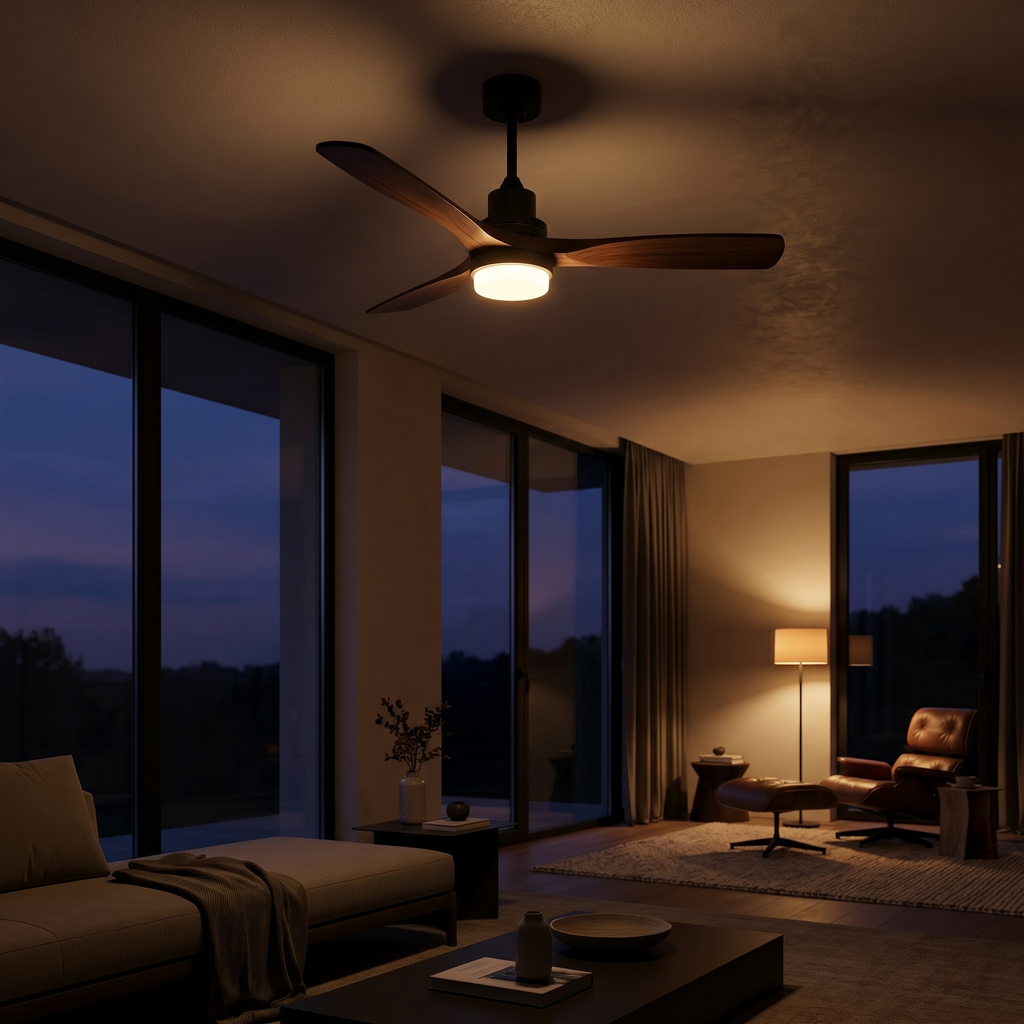 Ventilateur plafond silencieux 3 pales noyer noir LED | Kelvo