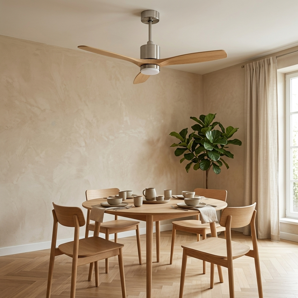 Ventilateur plafond silencieux 3 pales bois naturel nickel LED | Solve