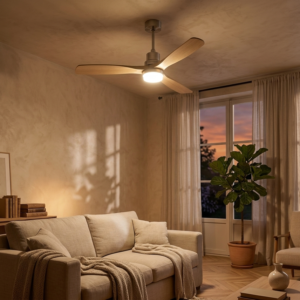 Ventilateur plafond silencieux 3 pales bois naturel nickel LED | Solve