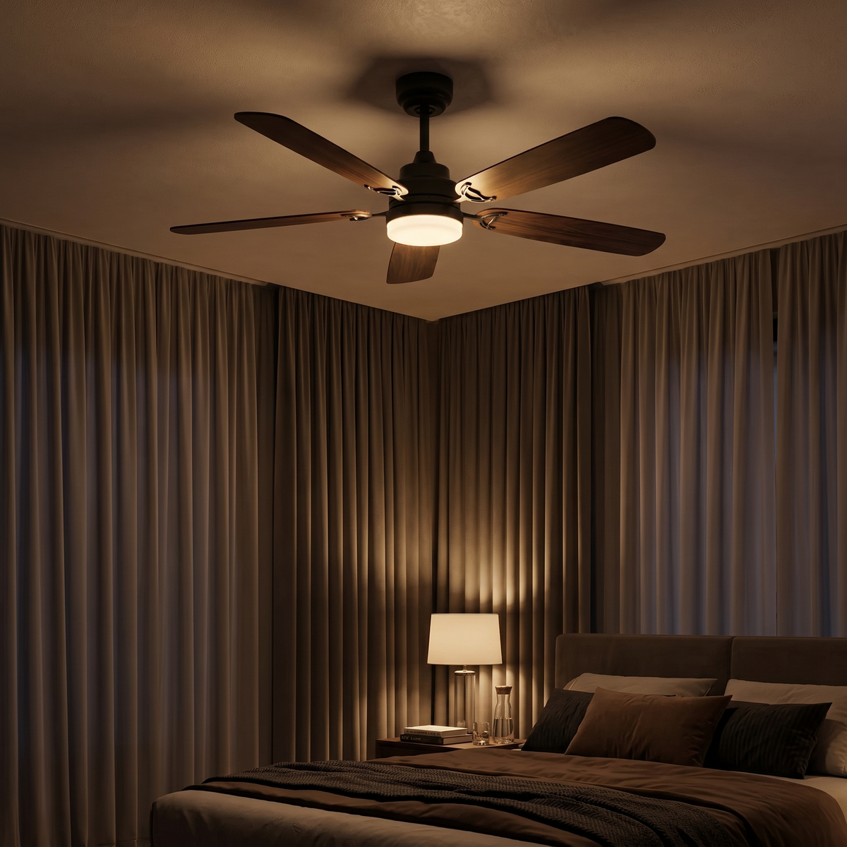 Ventilateur plafond silencieux 5 pales noyer noir LED | Darvo