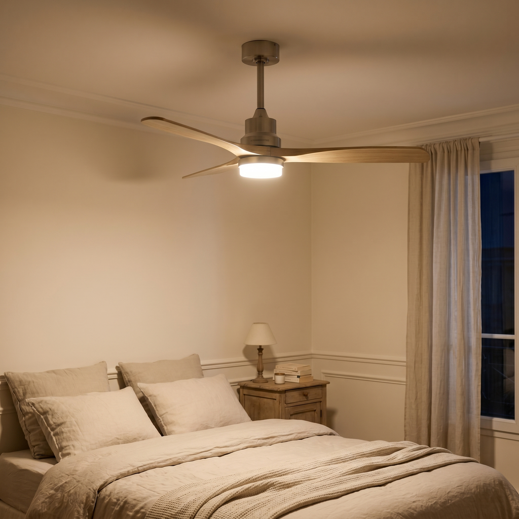 Ventilateur plafond silencieux 3 pales bois naturel nickel LED | Solve